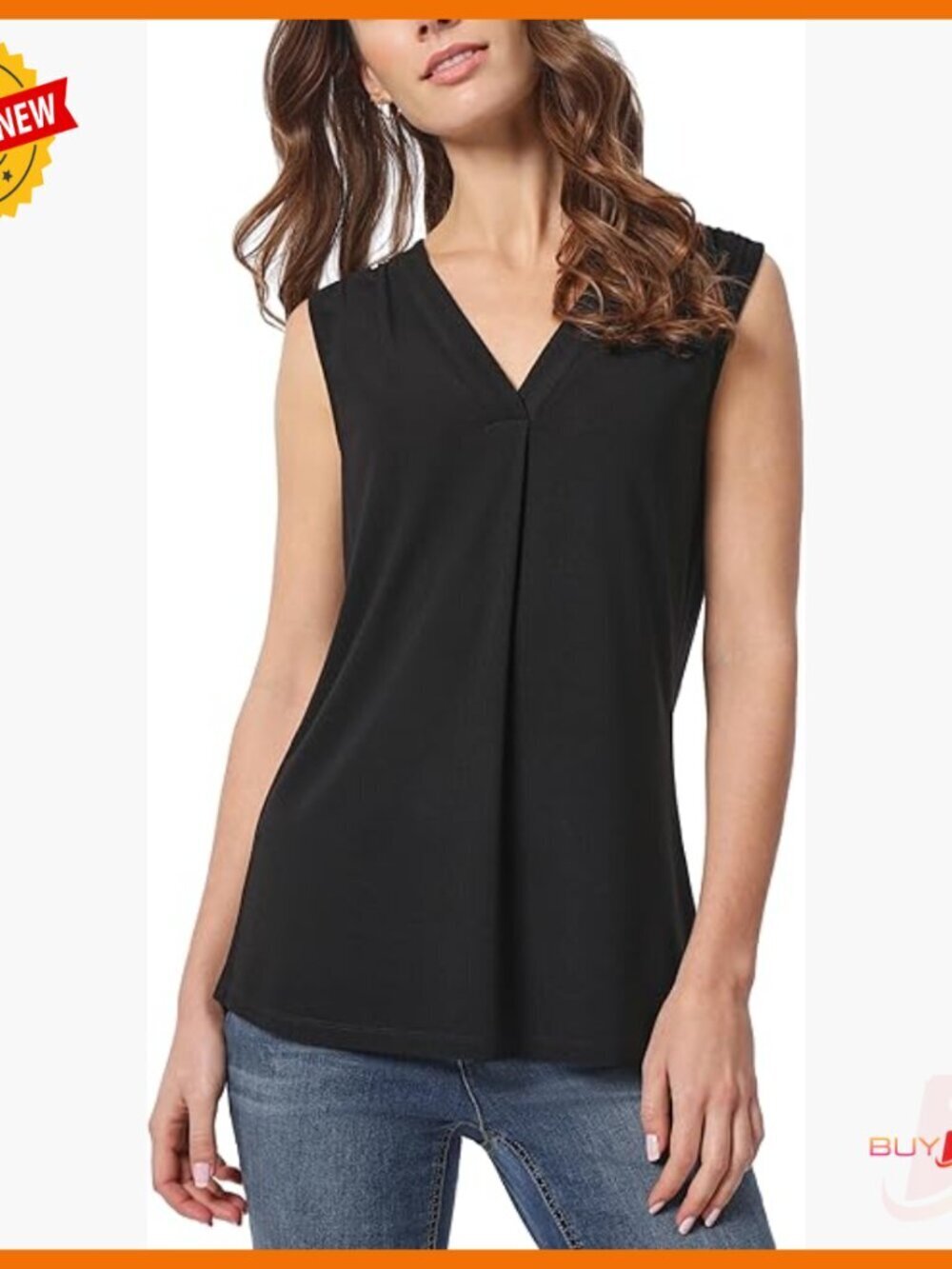 Sleeveless Pleat-Neck Jersey Top, Tunic Length, Wrinkle-Resistant Polyester
